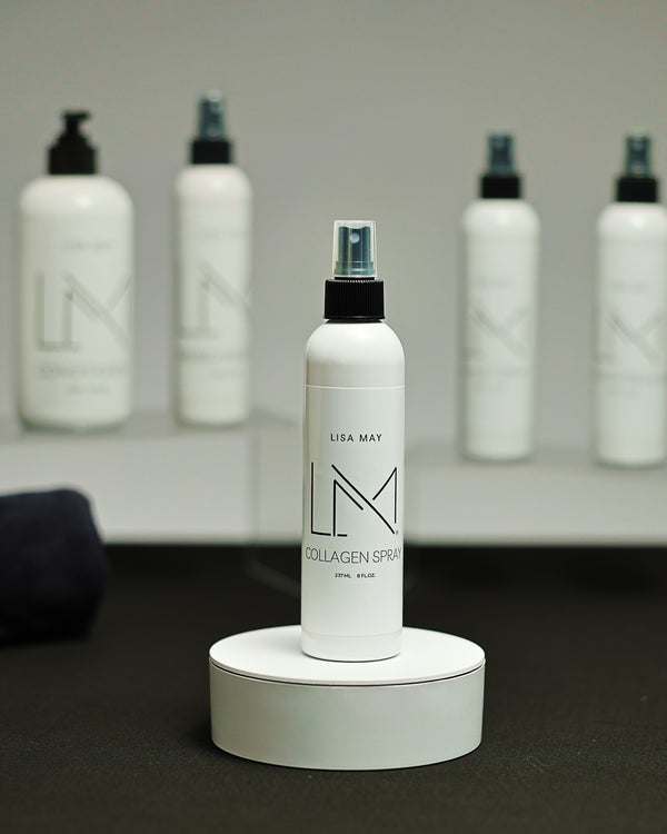 Lisa May Eco Hair Care Collagen Spray in a white mist-spray bottle
