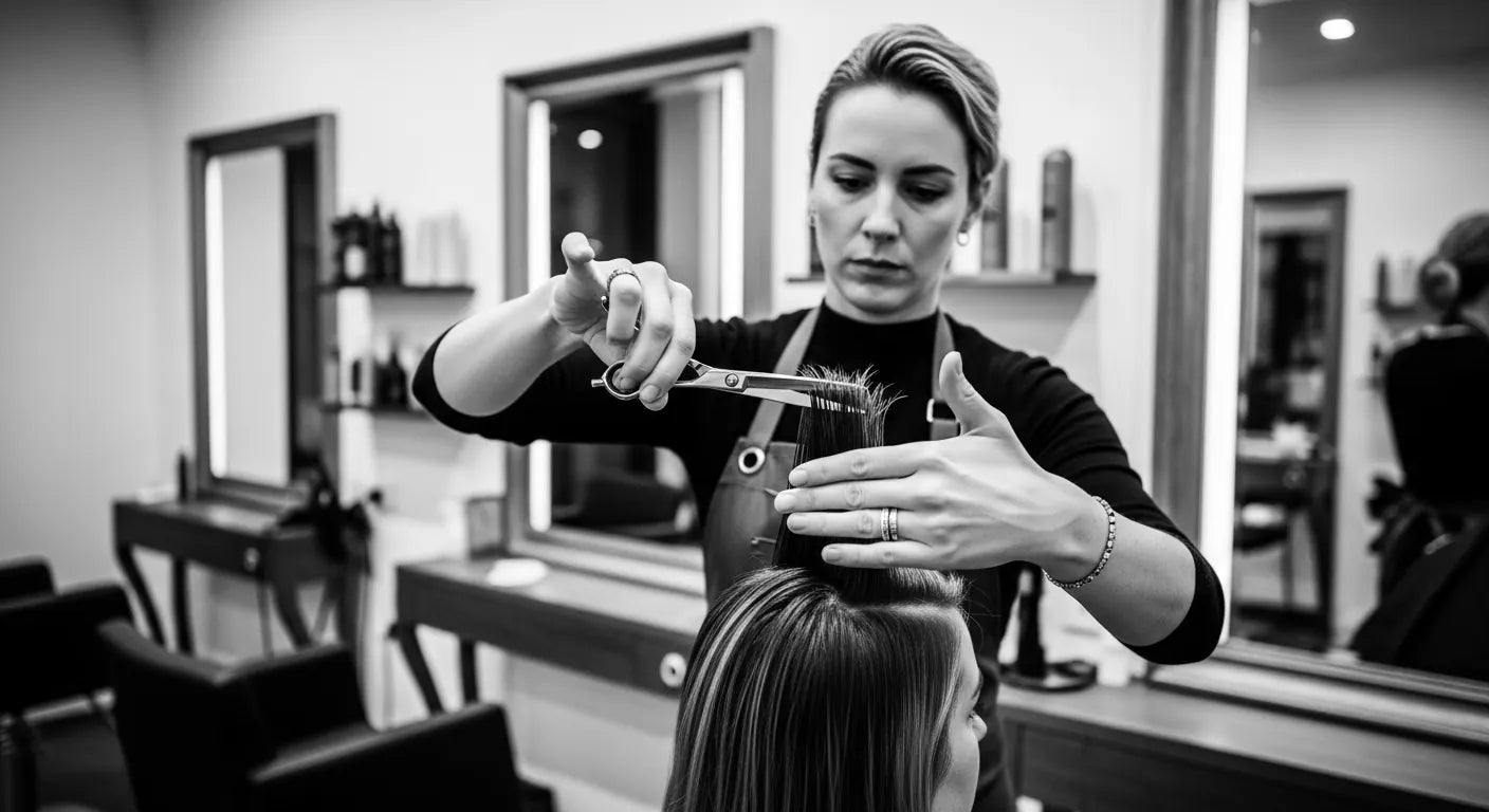 A stylist cutting a client's hair at the chair